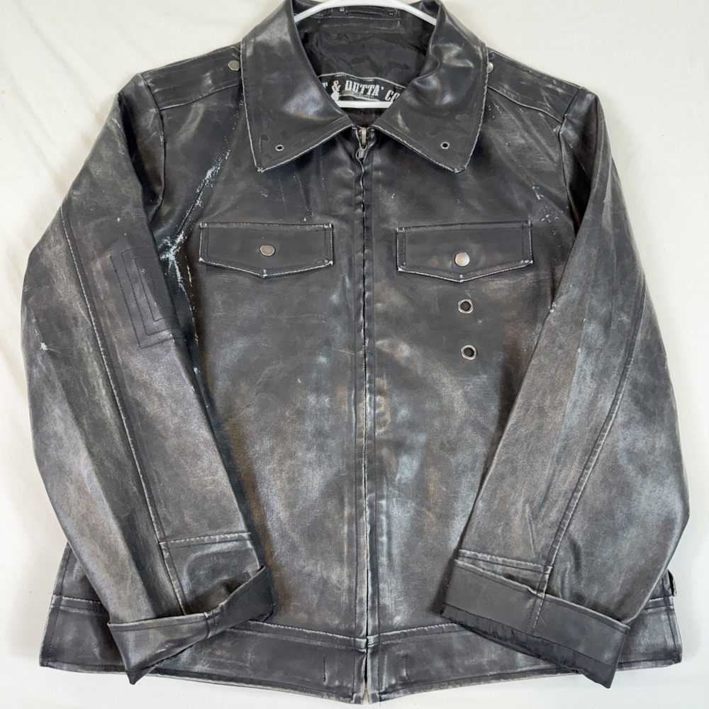 Y2K Distressed Moto Jacket Faux Leather Biker Grunge Black XL *Read